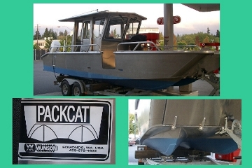Patented hull form prefered
by government agencies in
enforcing fishing regulations.
Note landing craft bow and 
starboard door to deploy divers. 
over 50 MPH