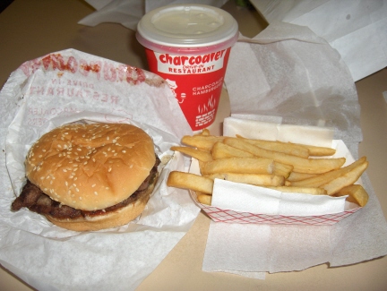 Double patty burger, fries, and milk shake at Charcoaler Drive-In