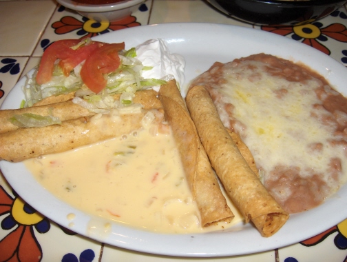 Flautas with guacamole and chile con queso