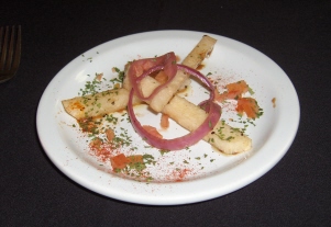 Jicama, a Mexican white colored root, 
is served as a complimentary appetizer