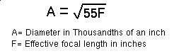 A = sqrt(55*F) where: A = pinhole 
diameter in .001 in. and F = focal length in inches.